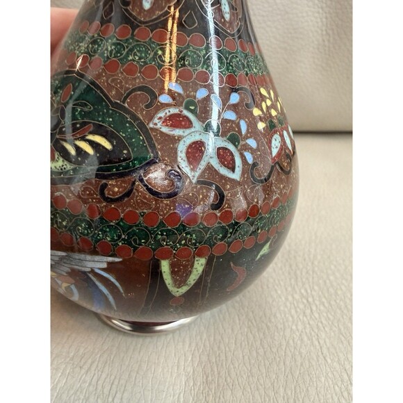 Japanese CLOISONNE Bud Vase Red Brown Gold Fleck Phoenix Bird Kyoto Butterfly - Picture 5 of 16